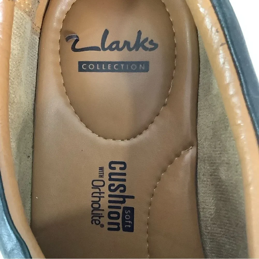 CLARKS COLLECTION Cushion Ortholite Black Leather Oxford Slip On Shoes Sz 11